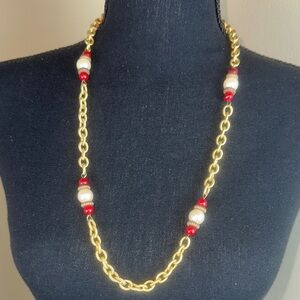 Vintage Gold Tone Chain Necklace with Red & Pearl Bead Accents